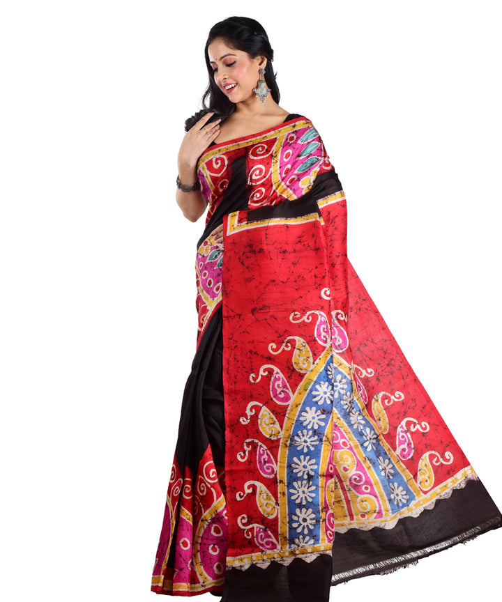 Red black hand batik printed silk saree