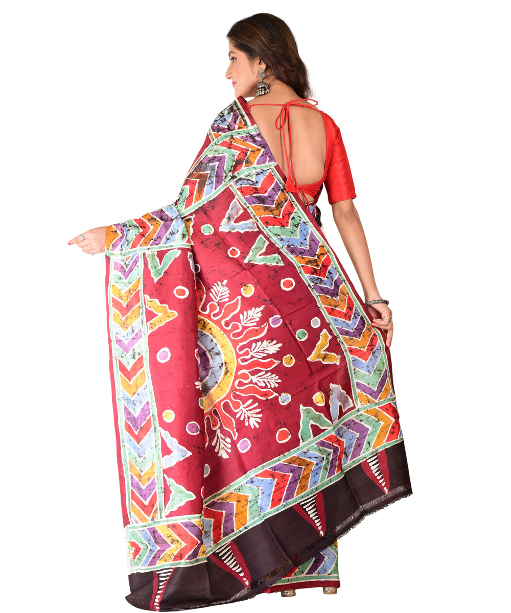Red offwhite black hand batik printed silk saree