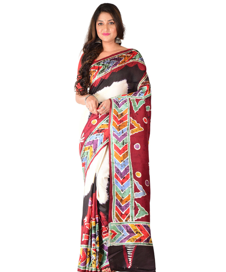 Red offwhite black hand batik printed silk saree