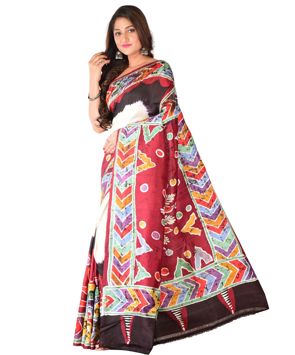 Red offwhite black hand batik printed silk saree