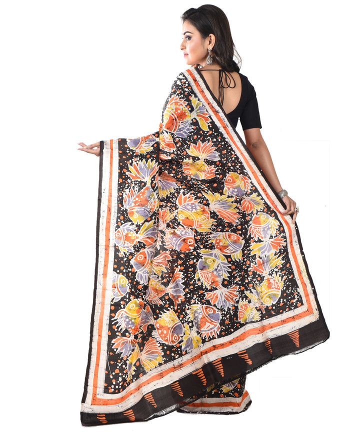 Maroon black silk hand batik printed saree
