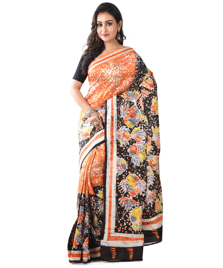 Maroon black silk hand batik printed saree