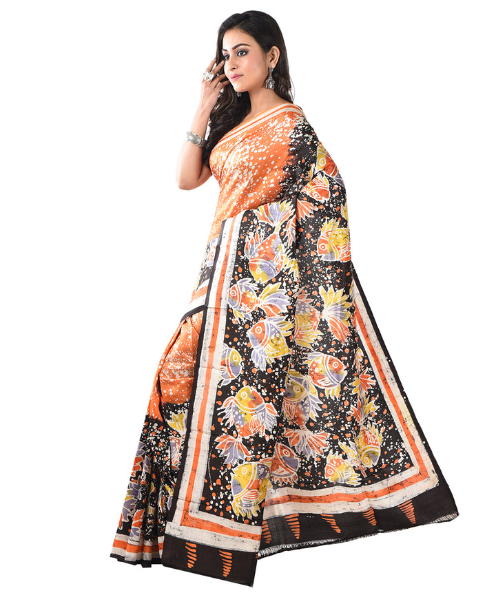 Maroon black silk hand batik printed saree