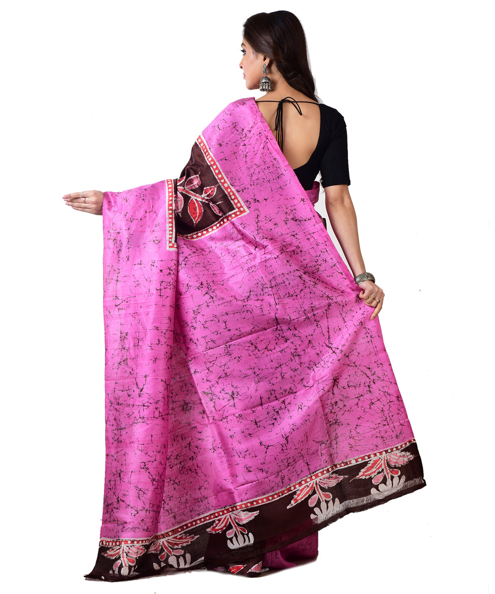 Pink black silk hand batik printed saree