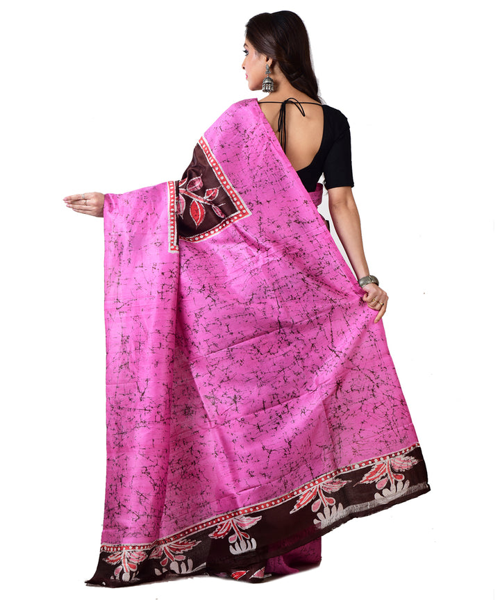 Pink black silk hand batik printed saree