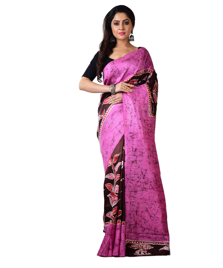 Pink black silk hand batik printed saree