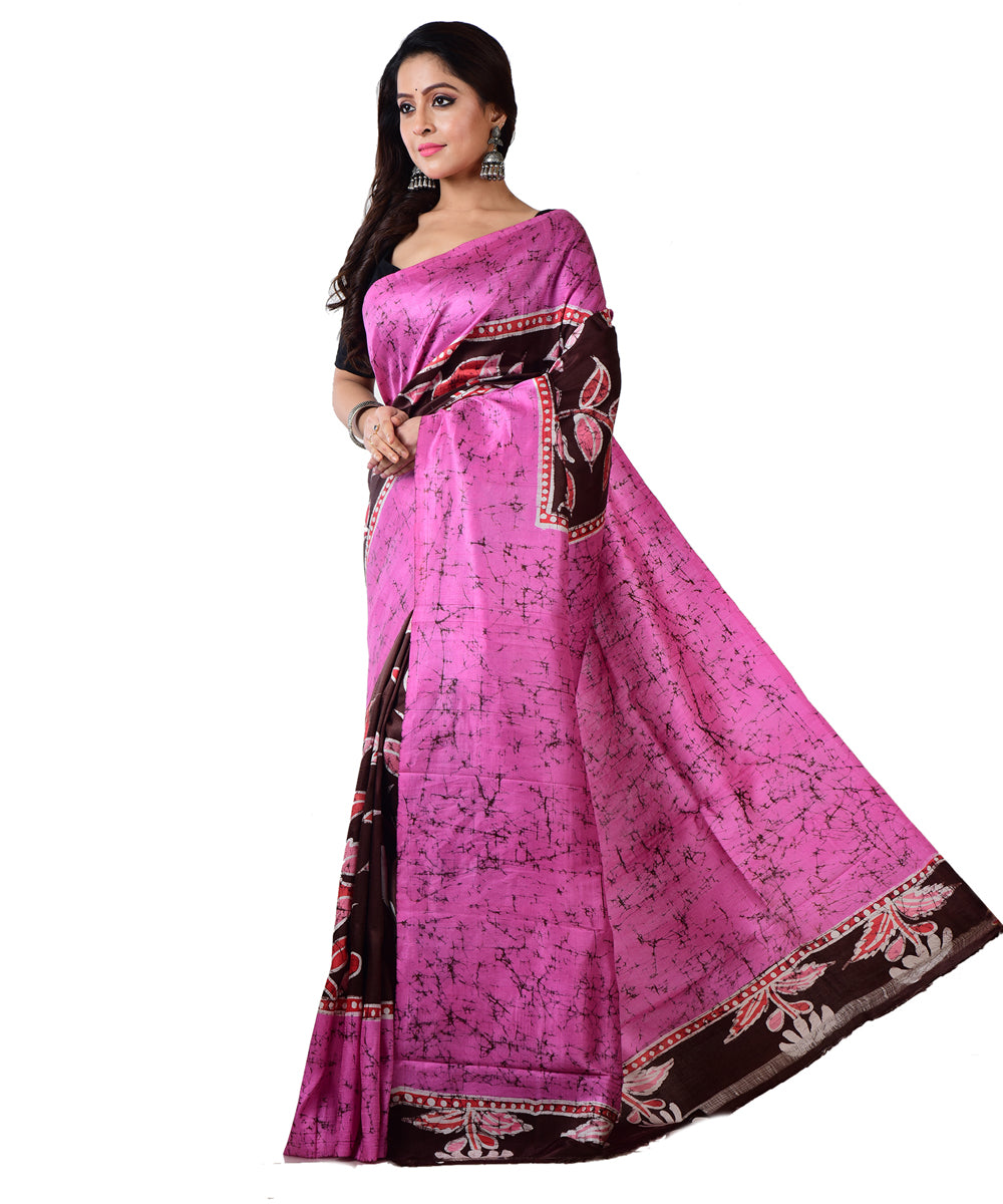 Pink black silk hand batik printed saree