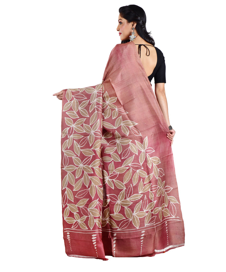 Peach white silk hand batik printed saree