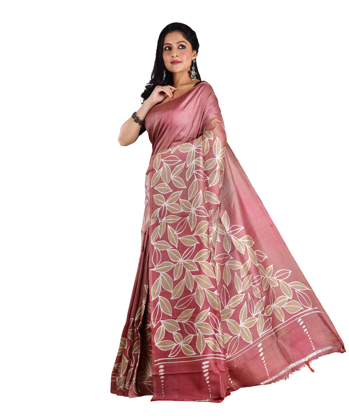 Peach white silk hand batik printed saree