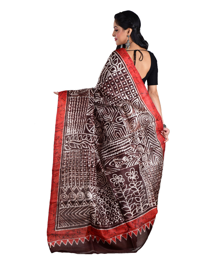 Red black silk hand batik printed saree