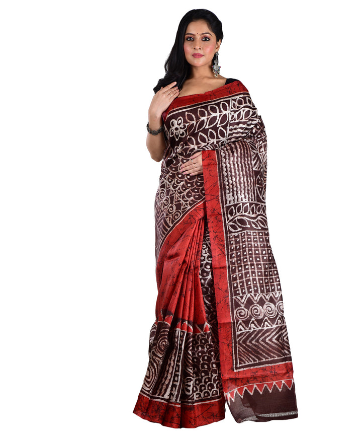 Red black silk hand batik printed saree