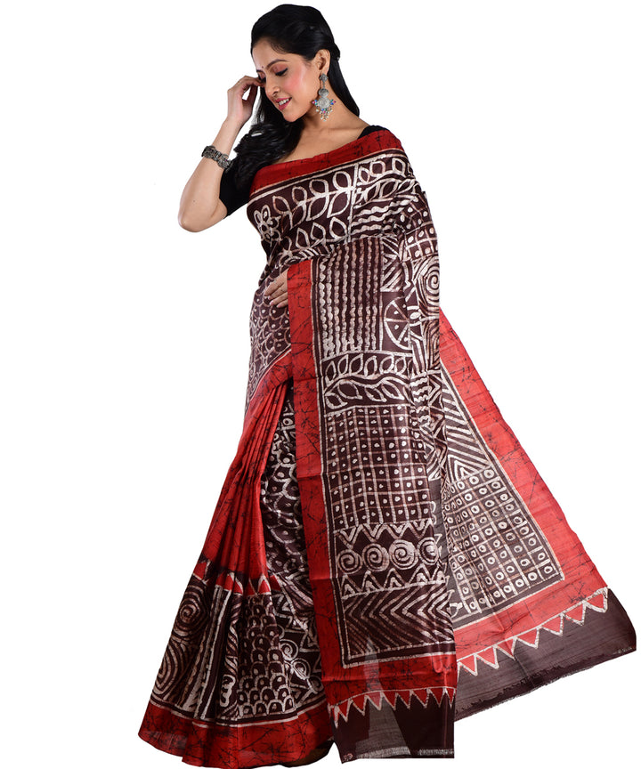 Red black silk hand batik printed saree