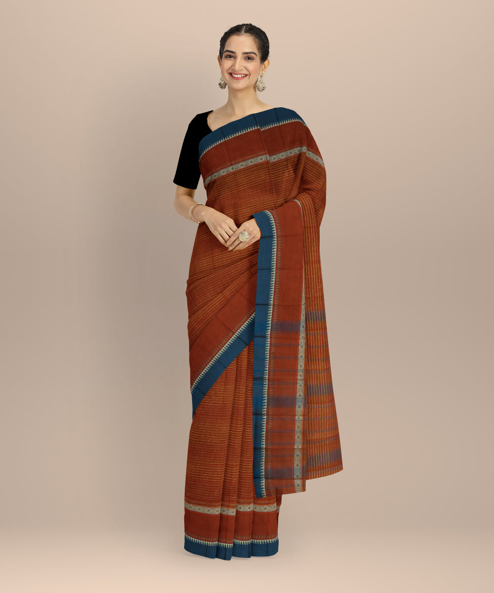 Brown cyan blue cotton handloom narayanapet saree