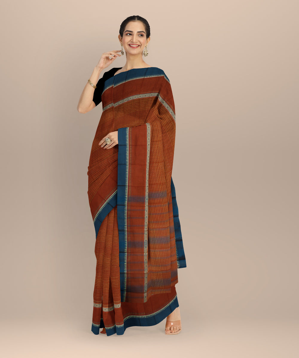 Brown cyan blue cotton handloom narayanapet saree