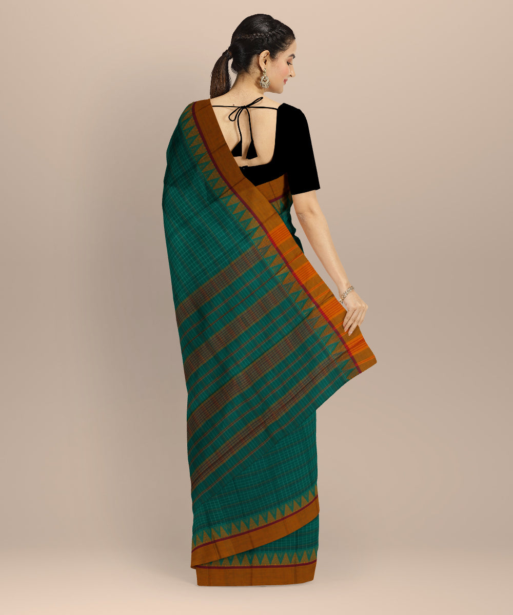 Teal green yellow cotton handloom narayanapet saree