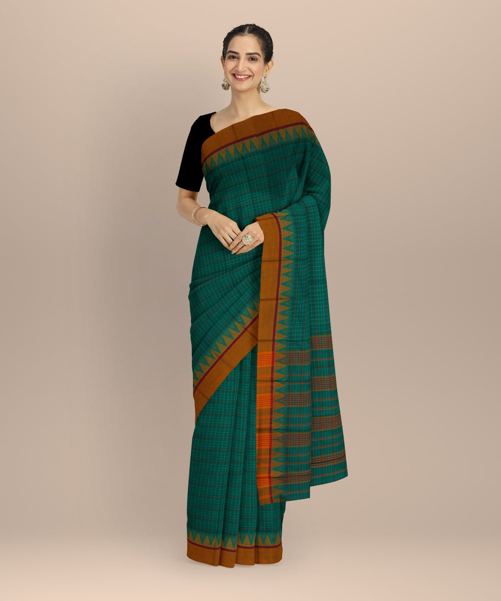 Teal green yellow cotton handloom narayanapet saree