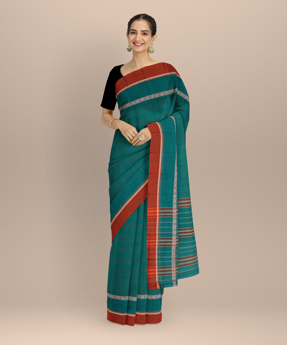 Teal green orange cotton handloom narayanapet saree