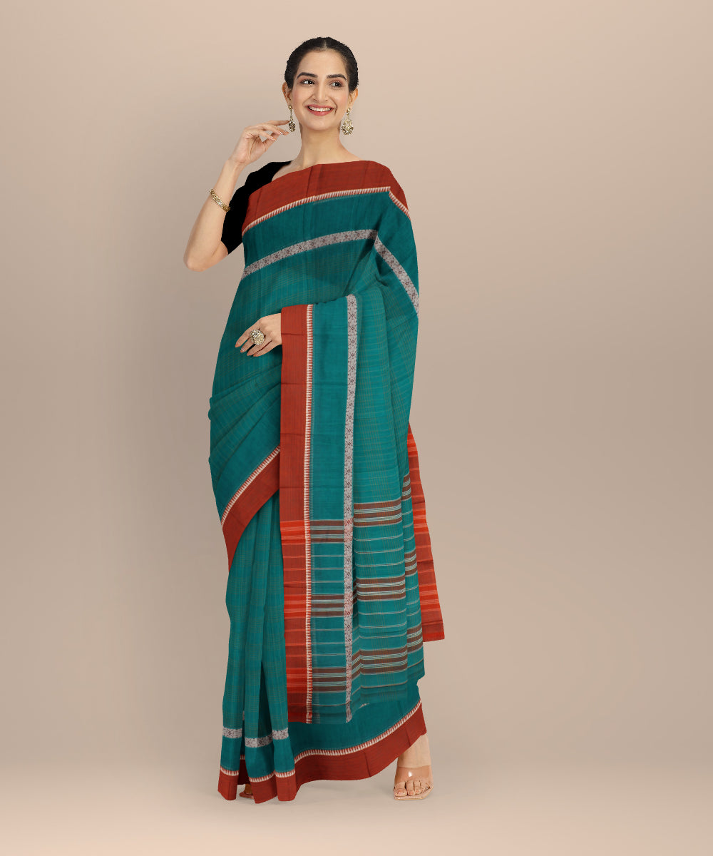 Teal green orange cotton handloom narayanapet saree