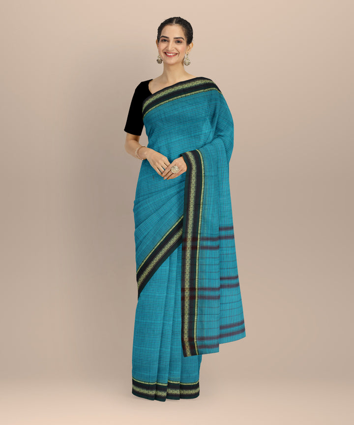 Sky blue dark green cotton handloom narayanapet saree