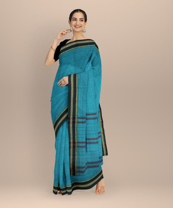 Sky blue dark green cotton handloom narayanapet saree