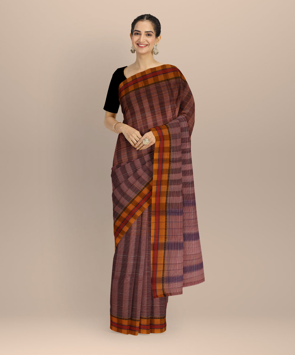 Multicolor brown cotton handloom narayanapet saree