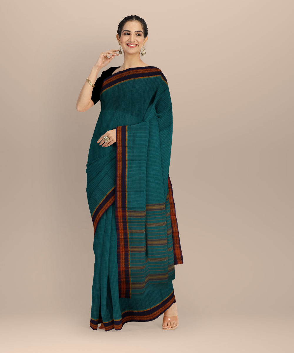 Cyan blue blue cotton handloom narayanapet saree