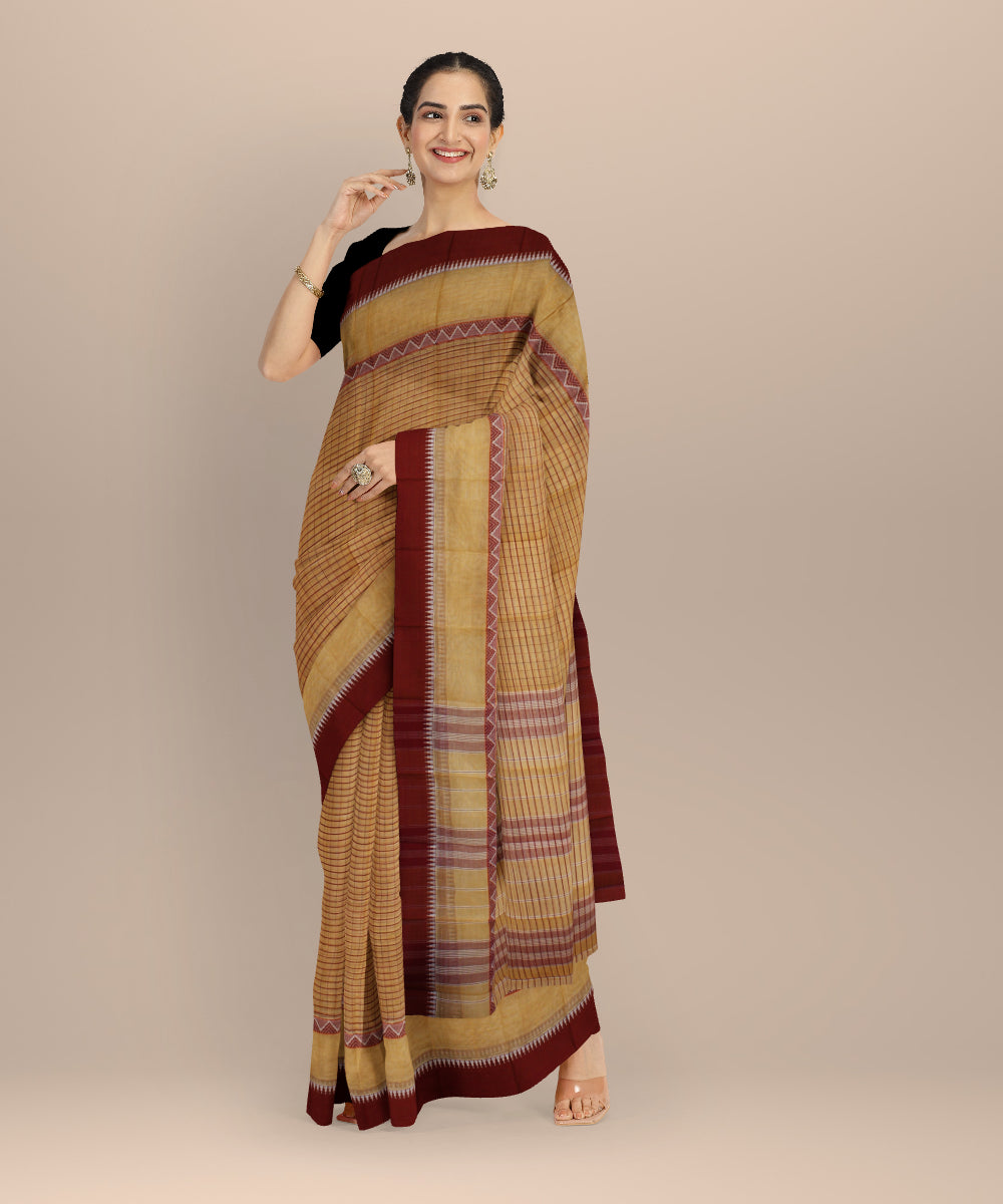 Beige maroon cotton handloom narayanapet saree