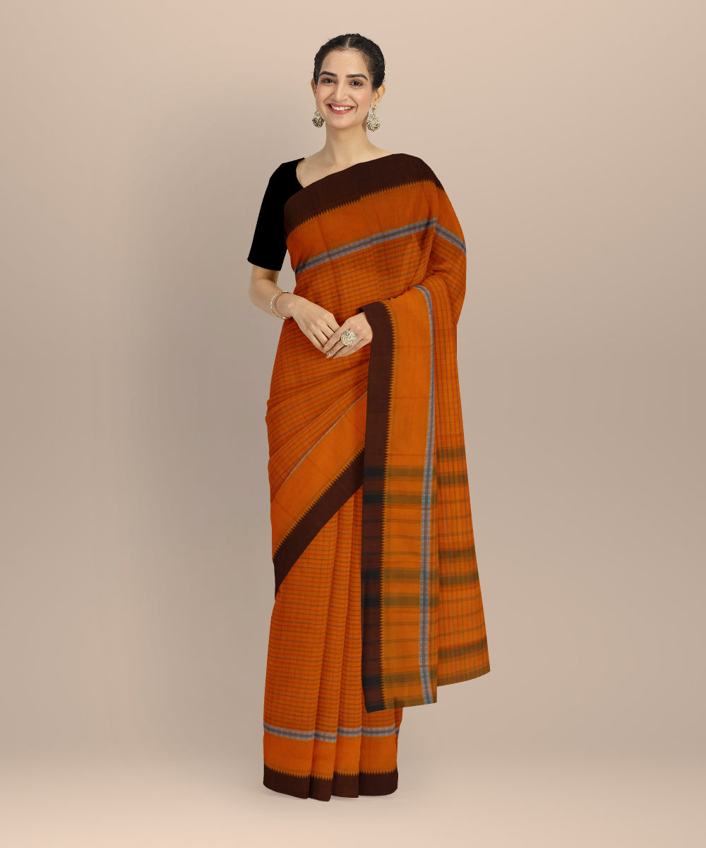 Orange brown cotton handloom narayanapet saree