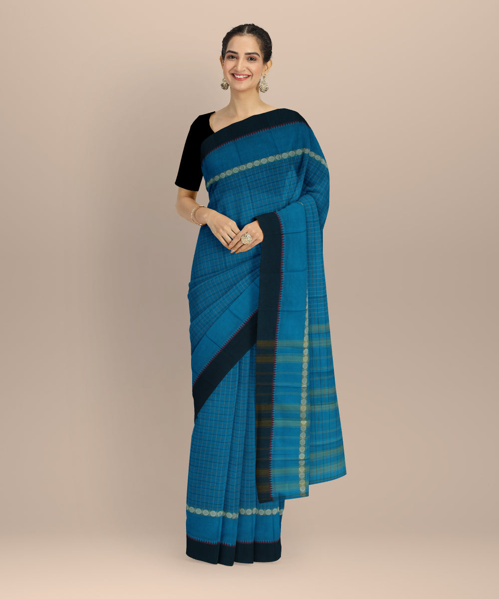 Cyan blue striped cotton handloom narayanapet saree
