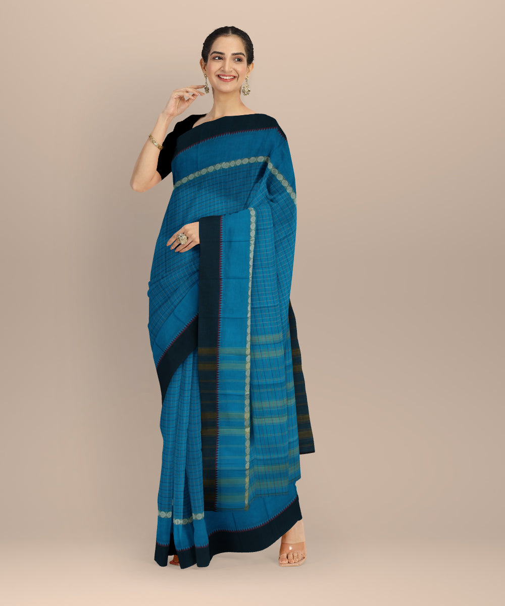Cyan blue striped cotton handloom narayanapet saree