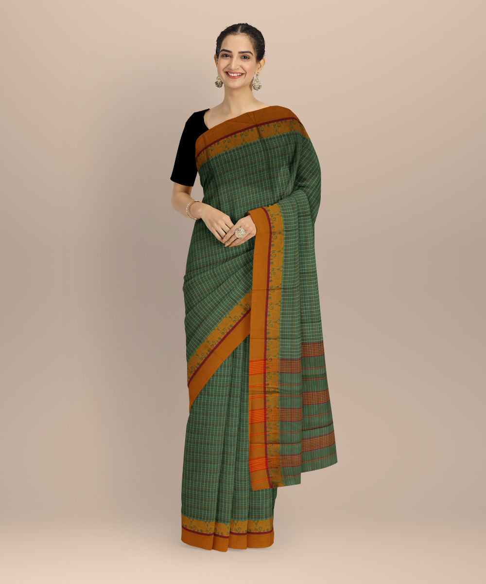 Olive green yellow cotton handloom narayanapet saree