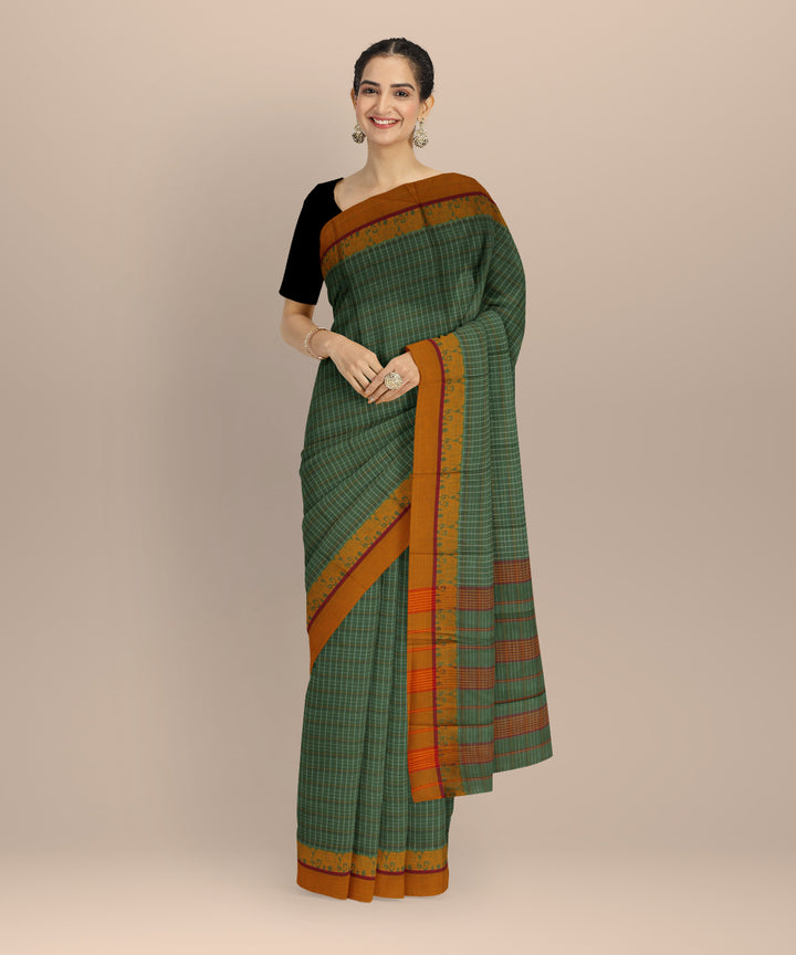 Olive green yellow cotton handloom narayanapet saree