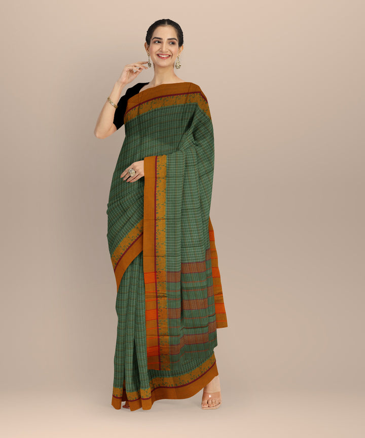Olive green yellow cotton handloom narayanapet saree