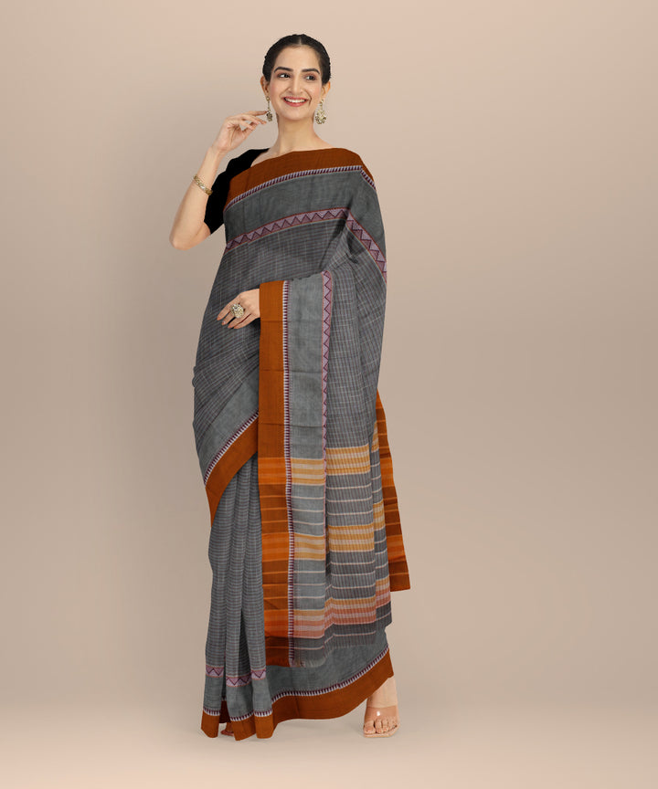Multicolor brown cotton handloom narayanapet saree