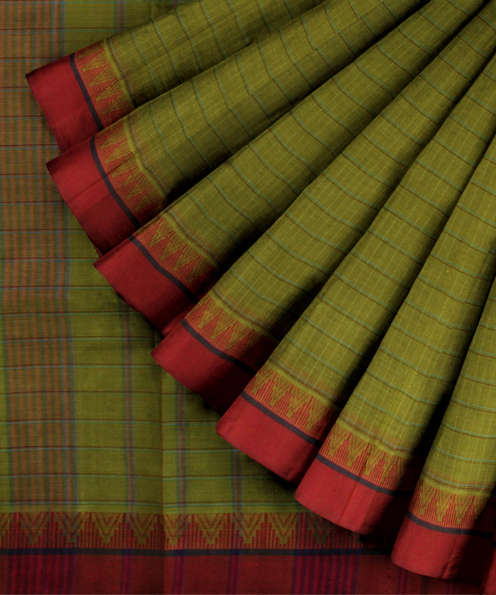 Olive green red cotton handloom narayanapet saree