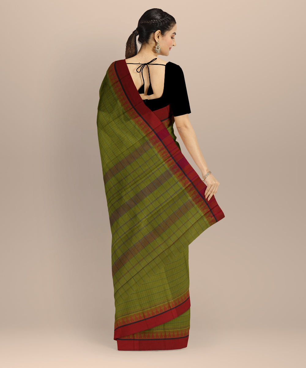 Olive green red cotton handloom narayanapet saree