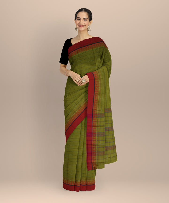 Olive green red cotton handloom narayanapet saree