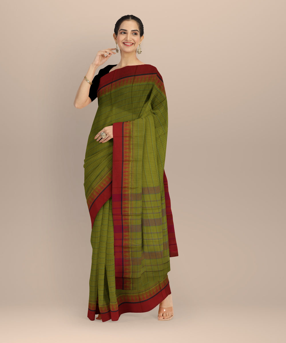 Olive green red cotton handloom narayanapet saree