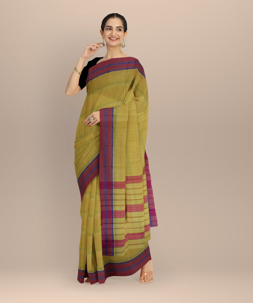 Yellow maroon cotton handloom narayanapet saree