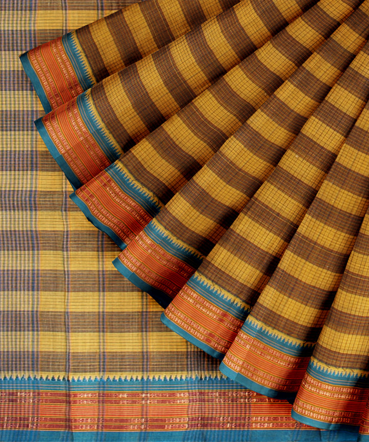 Yellow brown checks cotton handloom narayanapet saree