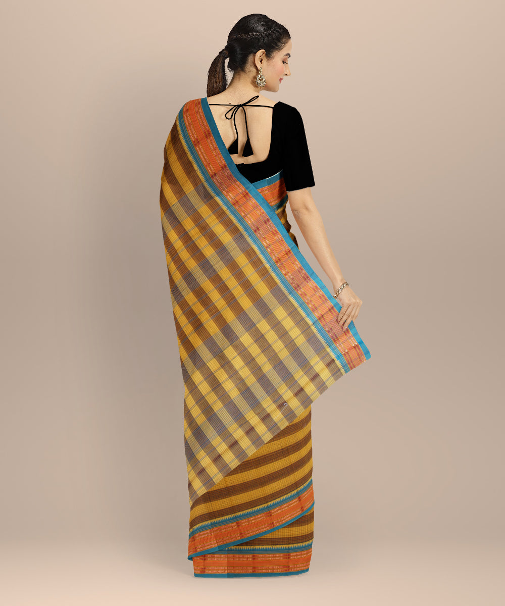 Yellow brown checks cotton handloom narayanapet saree