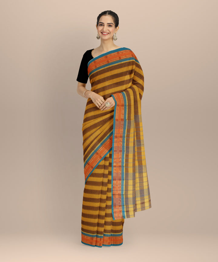 Yellow brown checks cotton handloom narayanapet saree