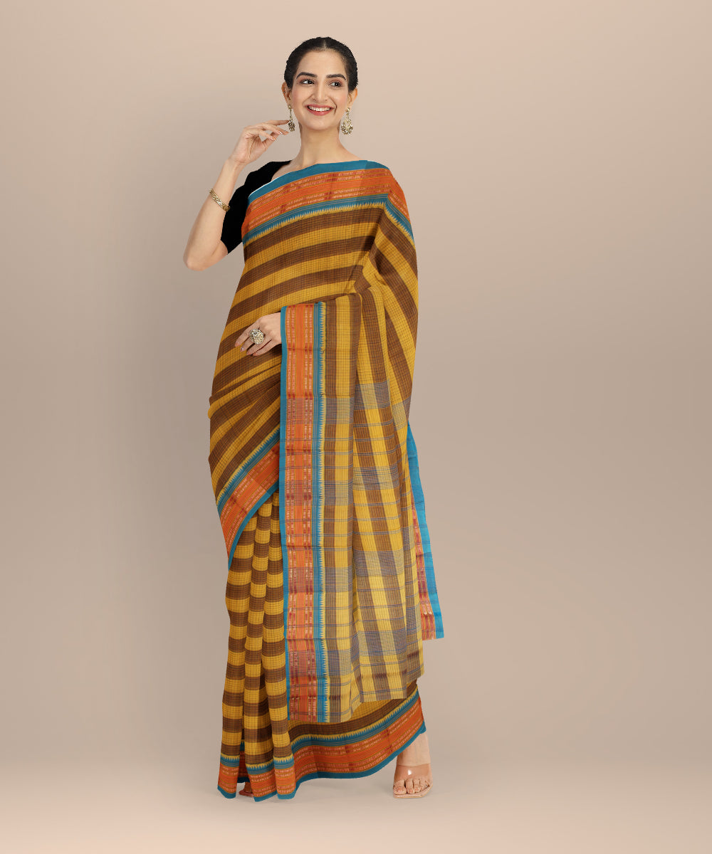 Yellow brown checks cotton handloom narayanapet saree