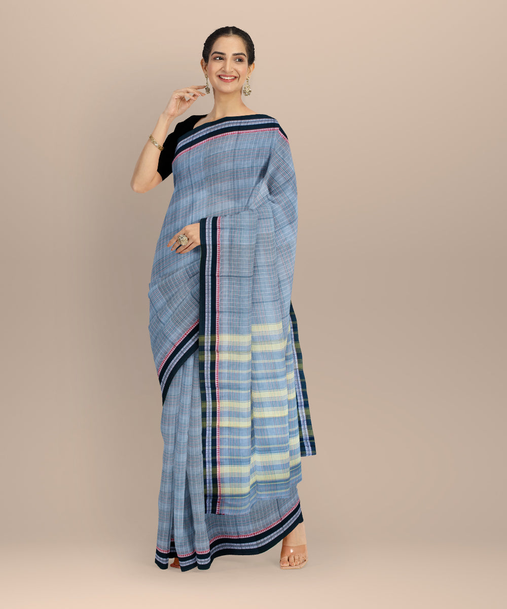 Olive green with multicolor checks cotton handloom narayanapet saree