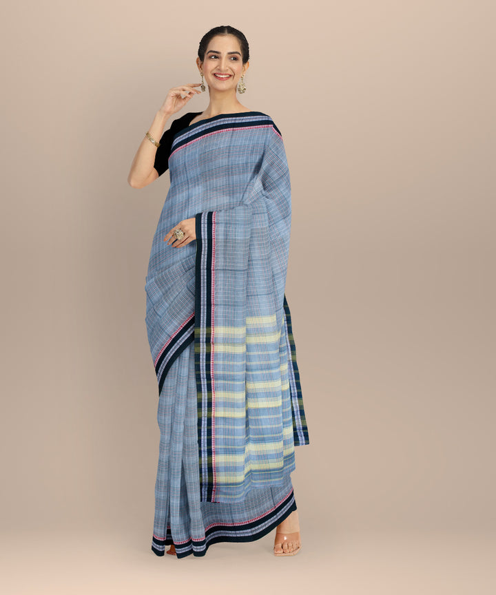 Olive green with multicolor checks cotton handloom narayanapet saree