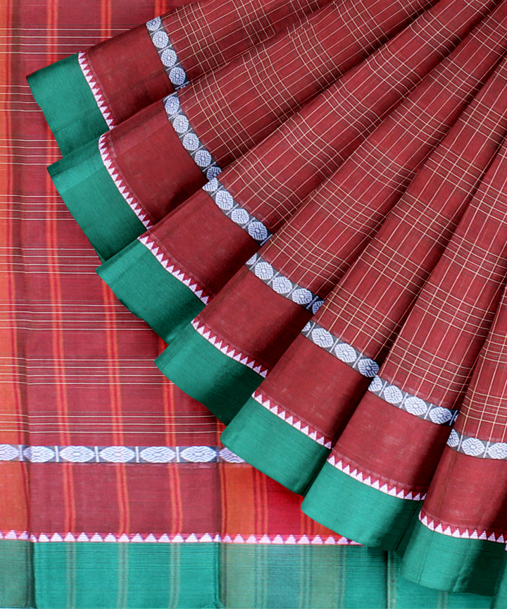 Brick red with green border cotton handloom narayanapet saree
