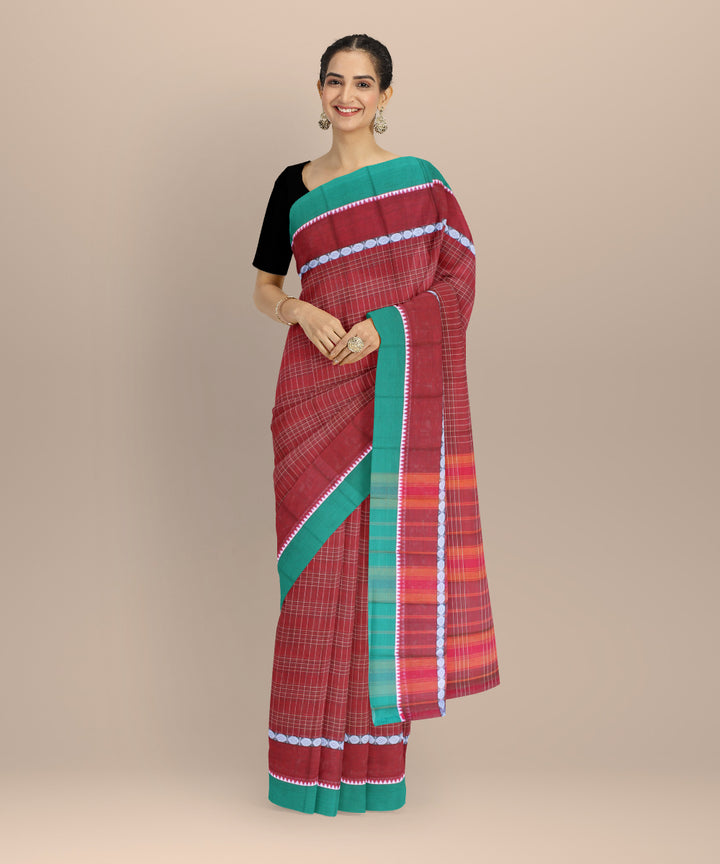 Brick red with green border cotton handloom narayanapet saree