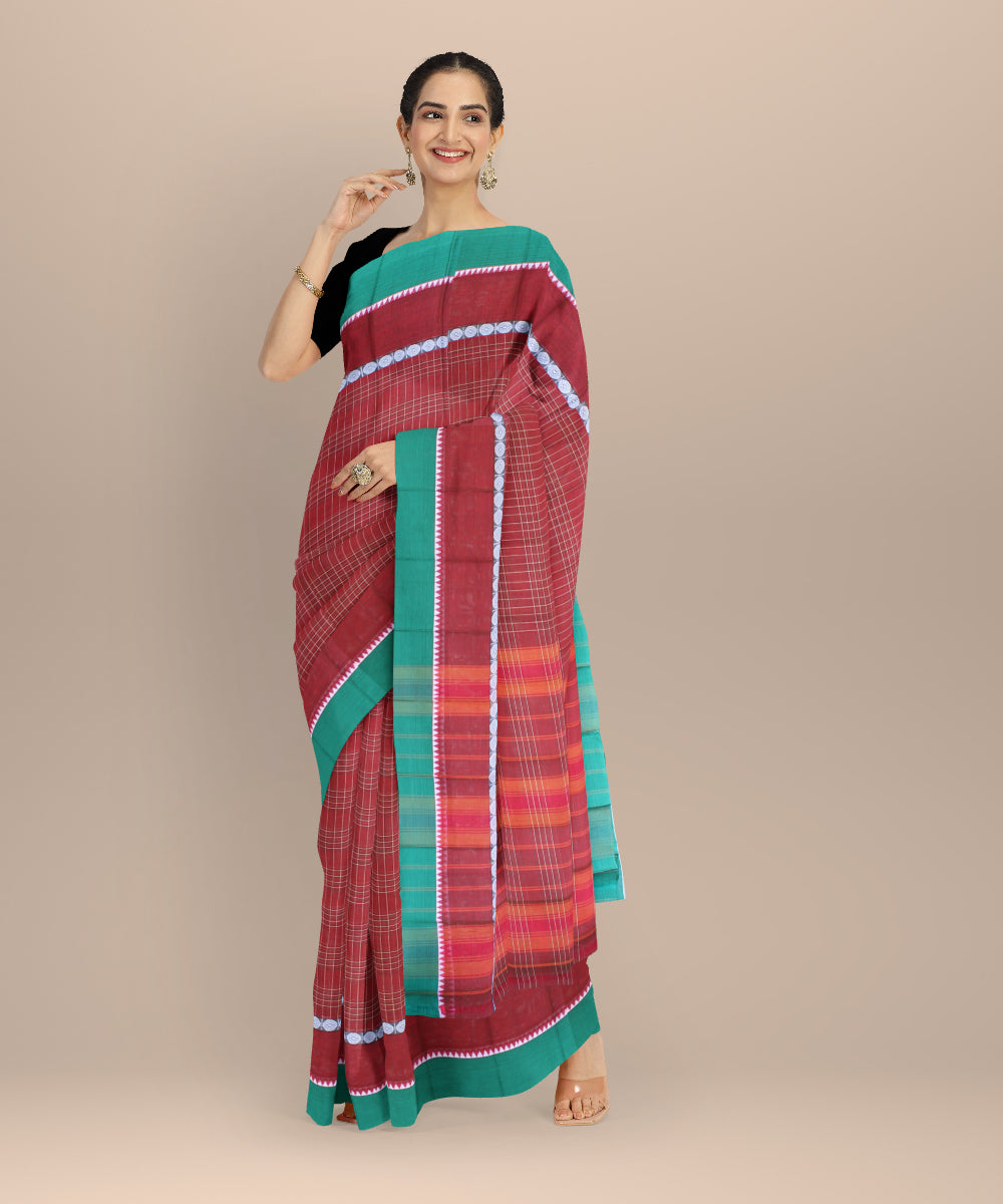 Brick red with green border cotton handloom narayanapet saree