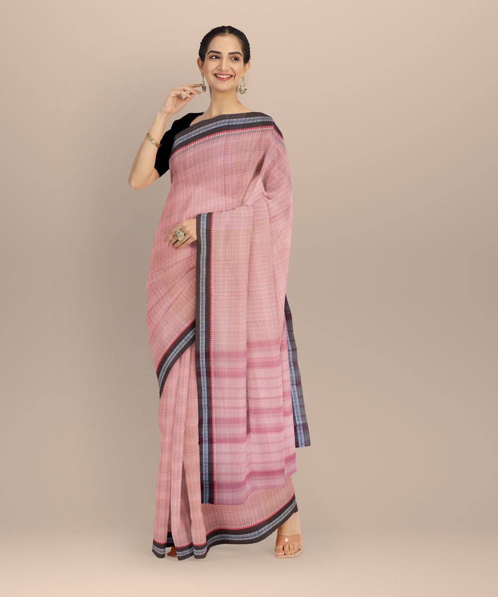 Pink with brown border cotton handloom narayanapet saree