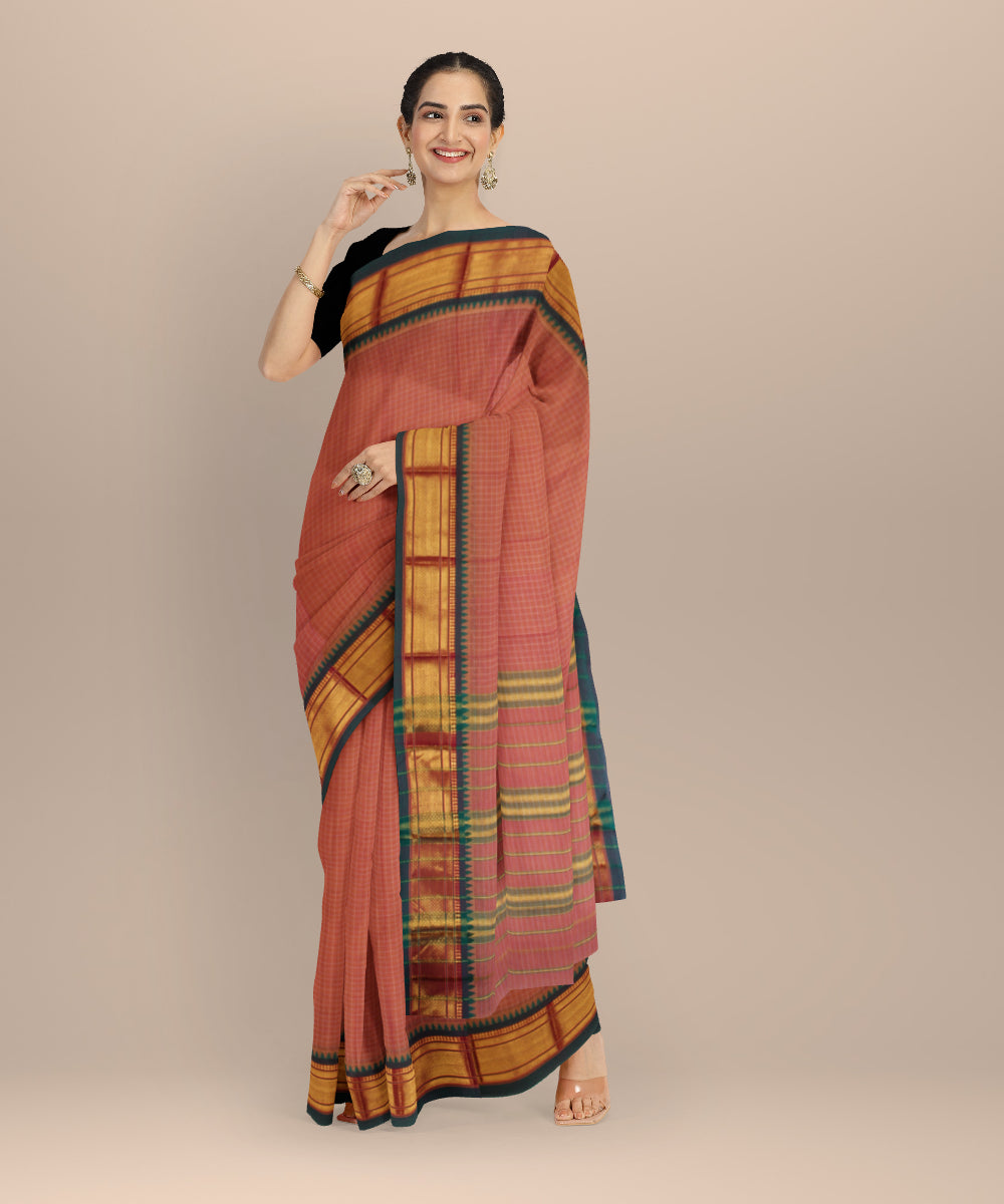 Brown gold zari cotton handloom narayanapet saree
